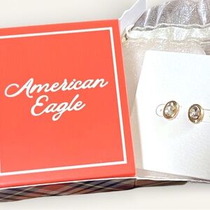 American Eagle Small Oval Crystal Earrings Post Gold Tone